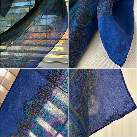 VTG Large Square Silk Cobalt Blue Teal Purple Jewel Toned Paisley Mosaic Scarf - Picture 16 of 16